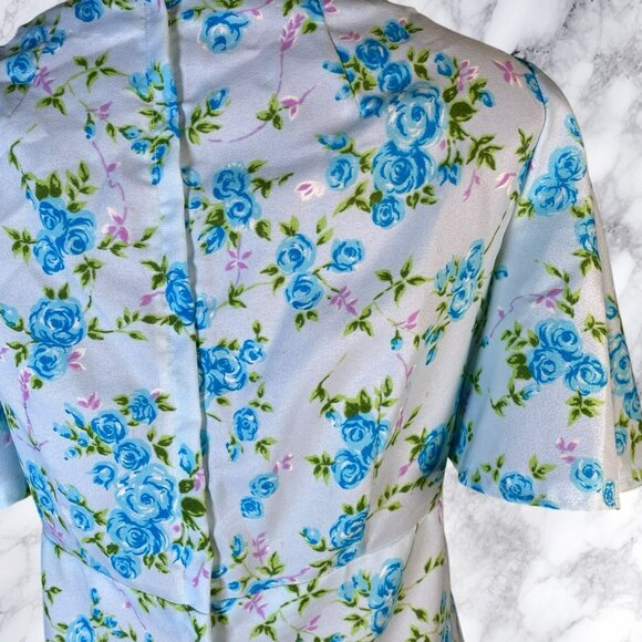 Handmade Vintage Baby Blue Rose Print Floral Prairie Empire Waist Dress - Picture 10 of 12
